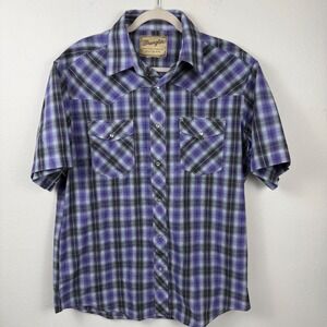 Wrangler Mens Western Fashion Snap Shirt Purple Plaid Short Sleeve Pearl Snap XL